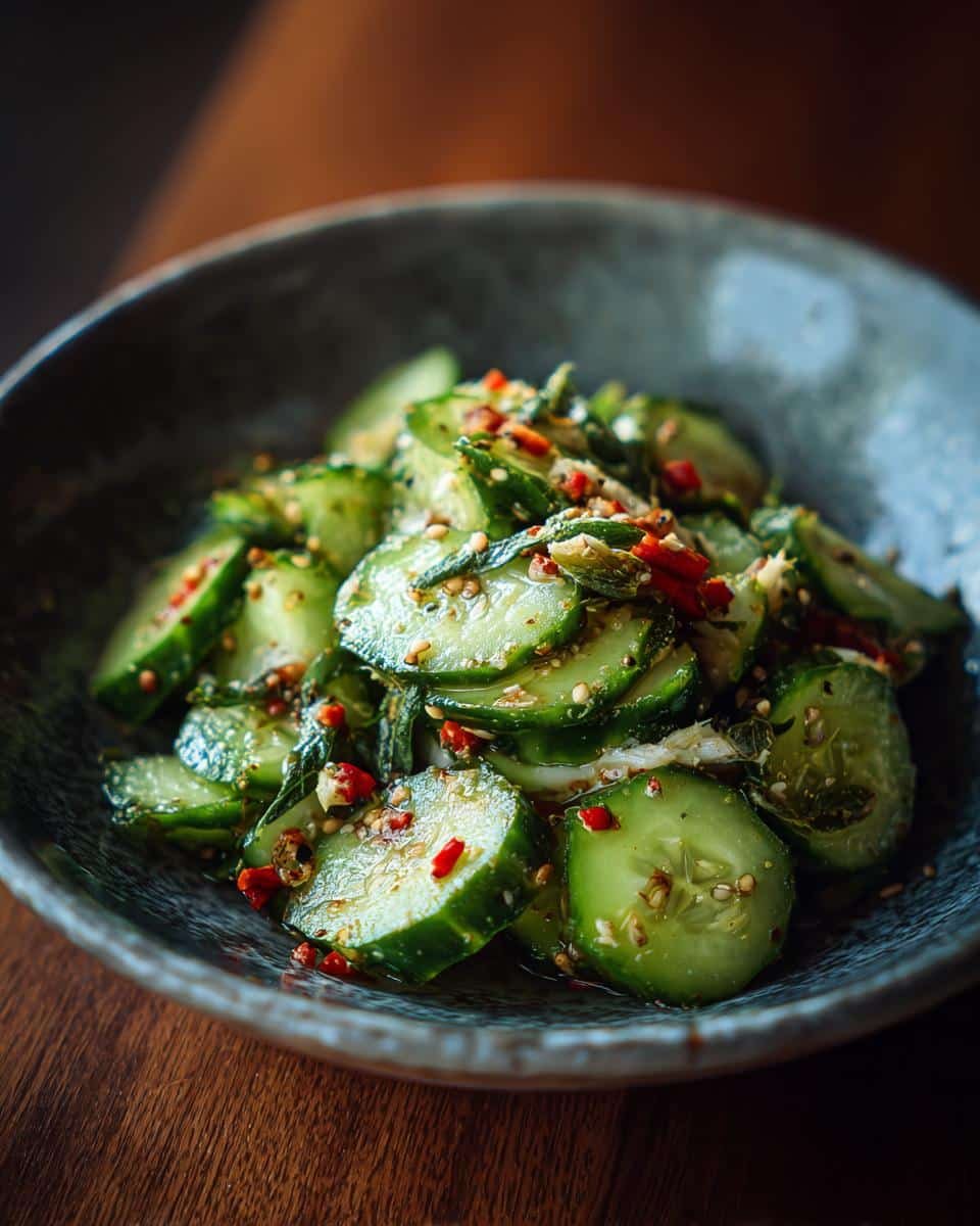 Delicious Asian Cucumber Salad with Crab in 15 Minutes 7 Close-up of a bowl of Asian Cucumber Salad with Crab, featuring sliced cucumbers, crab meat, and a vibrant dressing.