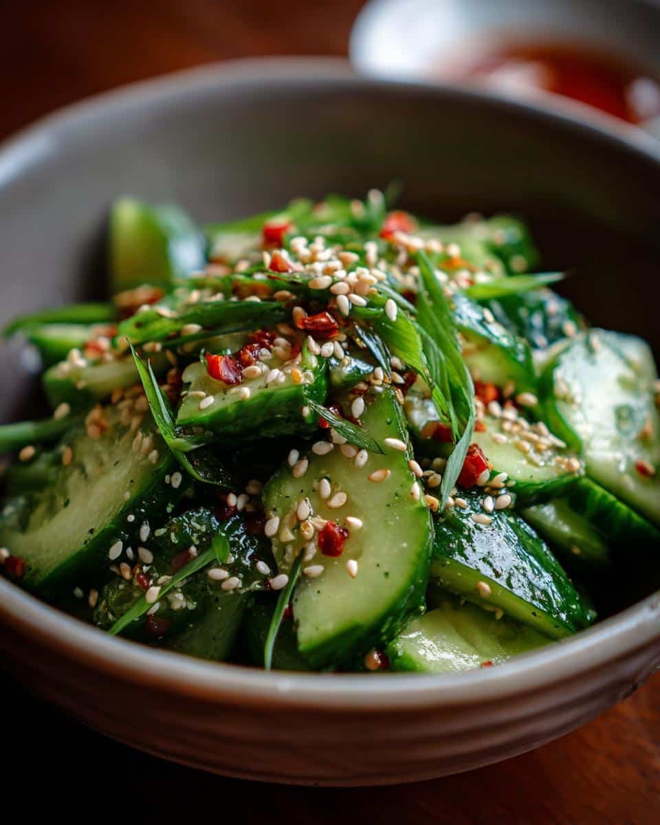 Delicious Asian Cucumber Salad with Crab in 15 Minutes 8 Close-up of Asian Cucumber Salad with Crab, garnished with sesame seeds, green onions, and red pepper flakes.