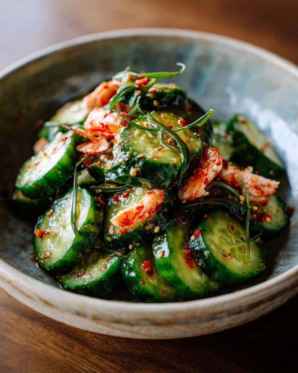 Delicious Asian Cucumber Salad with Crab in 15 Minutes 9 Close-up of Asian Cucumber Salad with Crab, featuring sliced cucumbers, crab meat, and a vibrant dressing.