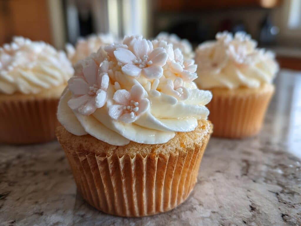 Close-up of Baby In Bloom Cupcakes decorated with buttercream frosting and delicate sugar flowers.