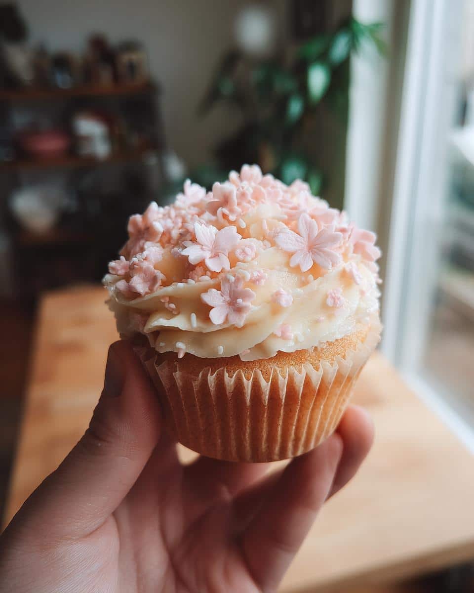 Flawless Baby In Bloom Cupcakes: Only Takes 20 Minutes 6 A hand holds a baby in bloom cupcake, decorated with pink sugar flowers and white frosting.