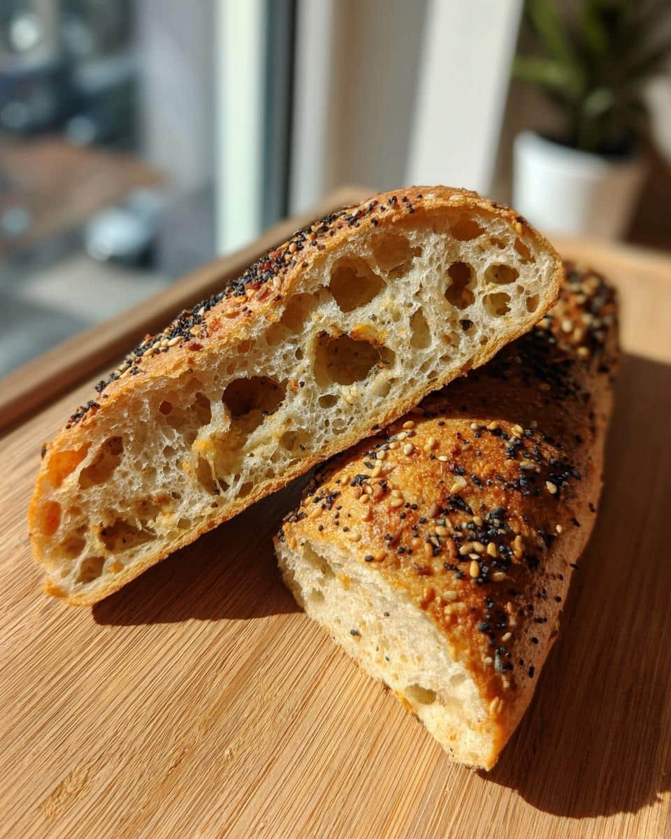 4 Amazing Bagels With Almond Flour and Cottage Cheese 6 Two halves of bagels with almond flour and cottage cheese, showing the texture, on a wooden board.