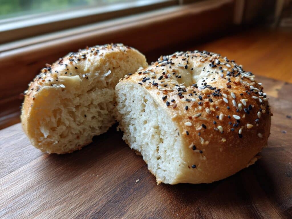 A sliced bagel with almond flour and cottage cheese, topped with everything bagel seasoning, on a wooden board.