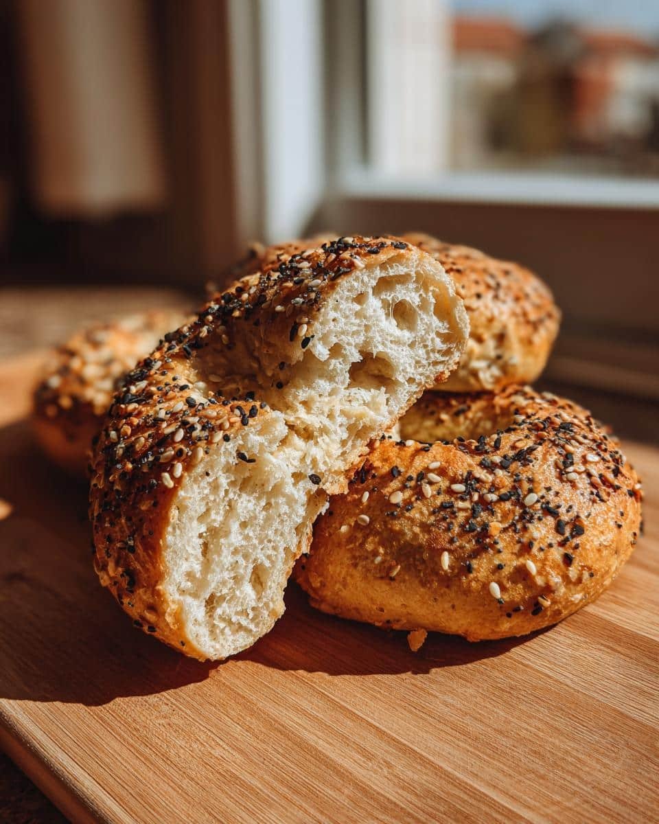 4 Amazing Bagels With Almond Flour and Cottage Cheese 9 Close-up of bagels with almond flour and cottage cheese, one bagel is cut in half to show the inside.