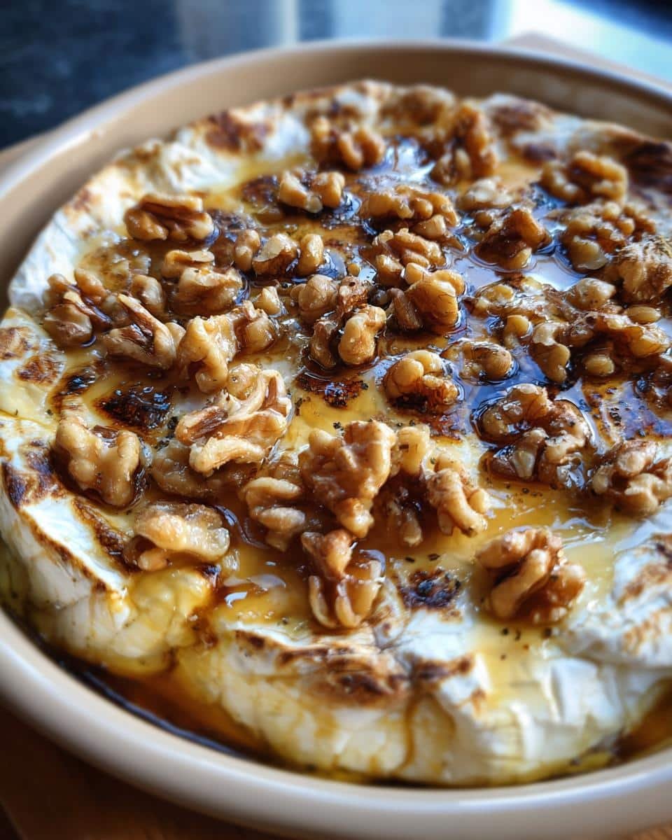 Heavenly 6-Minute Brie Cheese Recipe Everyone Adore 6 Close-up of baked brie cheese topped with walnuts and honey in a baking dish.