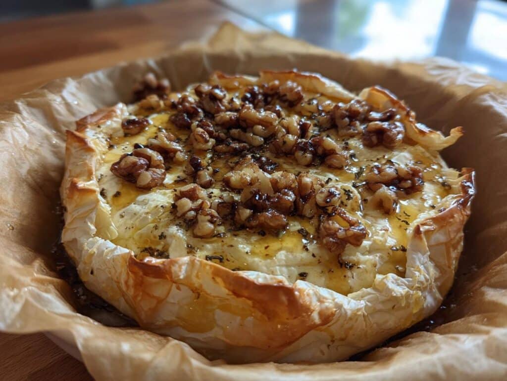 Delicious baked brie cheese topped with walnuts and honey, ready to be served. Perfect appetizer.