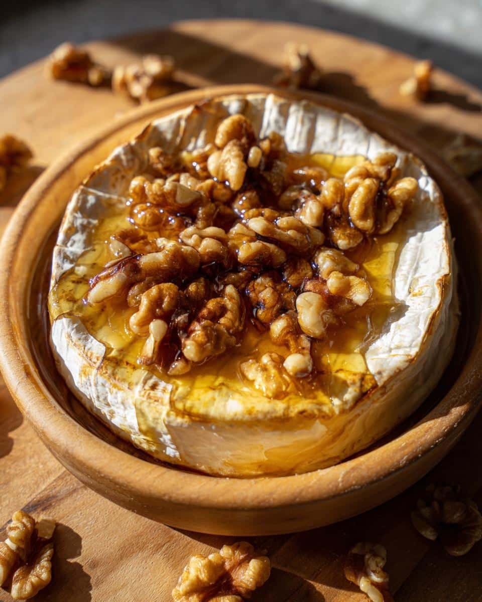 Heavenly 6-Minute Brie Cheese Recipe Everyone Adore 7 Golden baked brie cheese topped with walnuts and honey, served on a wooden plate.