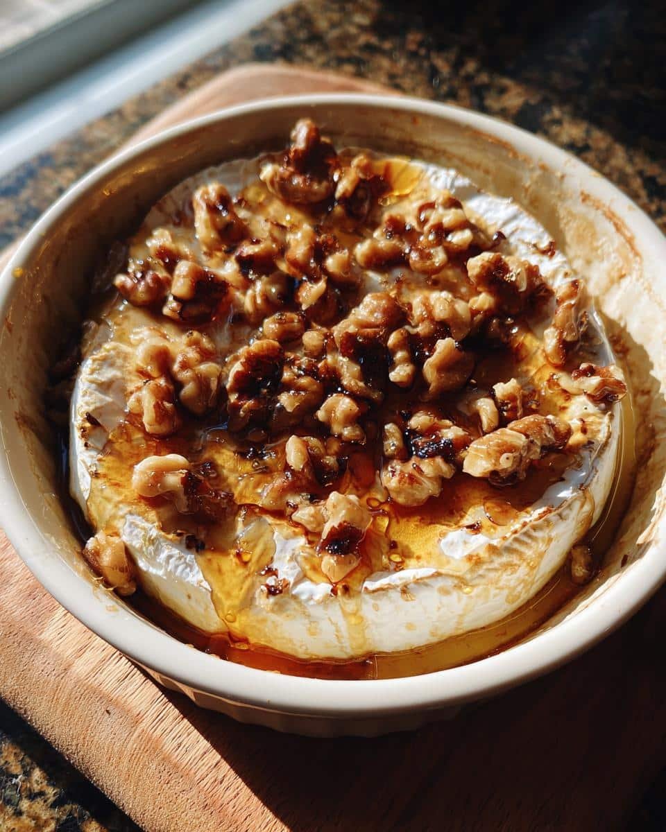 Heavenly 6-Minute Brie Cheese Recipe Everyone Adore 8 Overhead shot of baked brie cheese in a dish, topped with walnuts and honey.