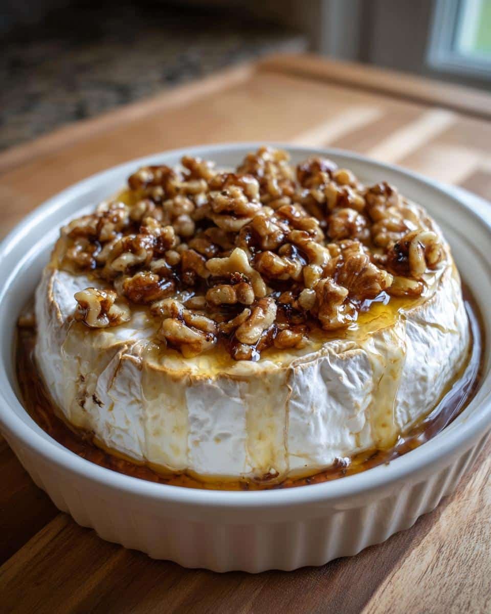 Heavenly 6-Minute Brie Cheese Recipe Everyone Adore 9 Delicious baked brie cheese in a white dish, topped with walnuts and honey.