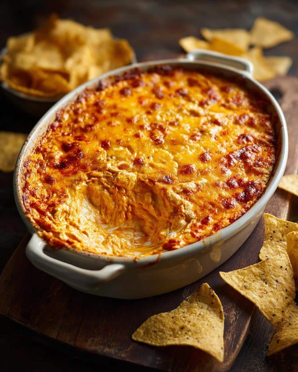 Irresistible Buffalo Chicken Dip Needs Just 6 Ingredients 7 Delicious baked buffalo chicken dip in a dish with a scoop taken out, served with tortilla chips.