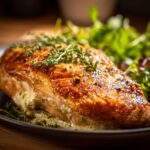 Juicy Baked Caesar Chicken breast on a plate with fresh greens, drizzled with creamy Caesar sauce and herbs.