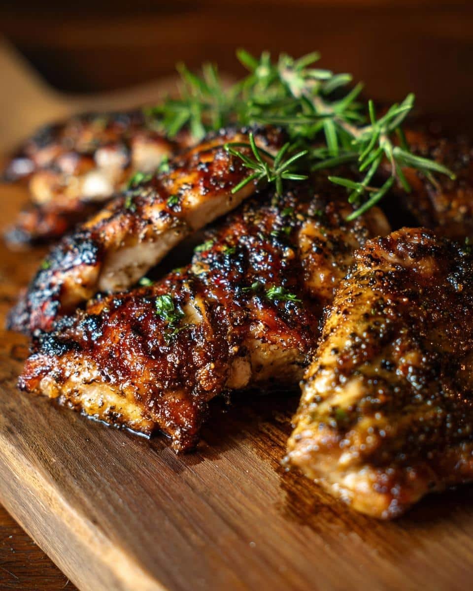 Delicious Baked Caesar Chicken in Just 30 Minutes 6 Close-up of juicy Baked Caesar Chicken pieces on a wooden board, garnished with rosemary.