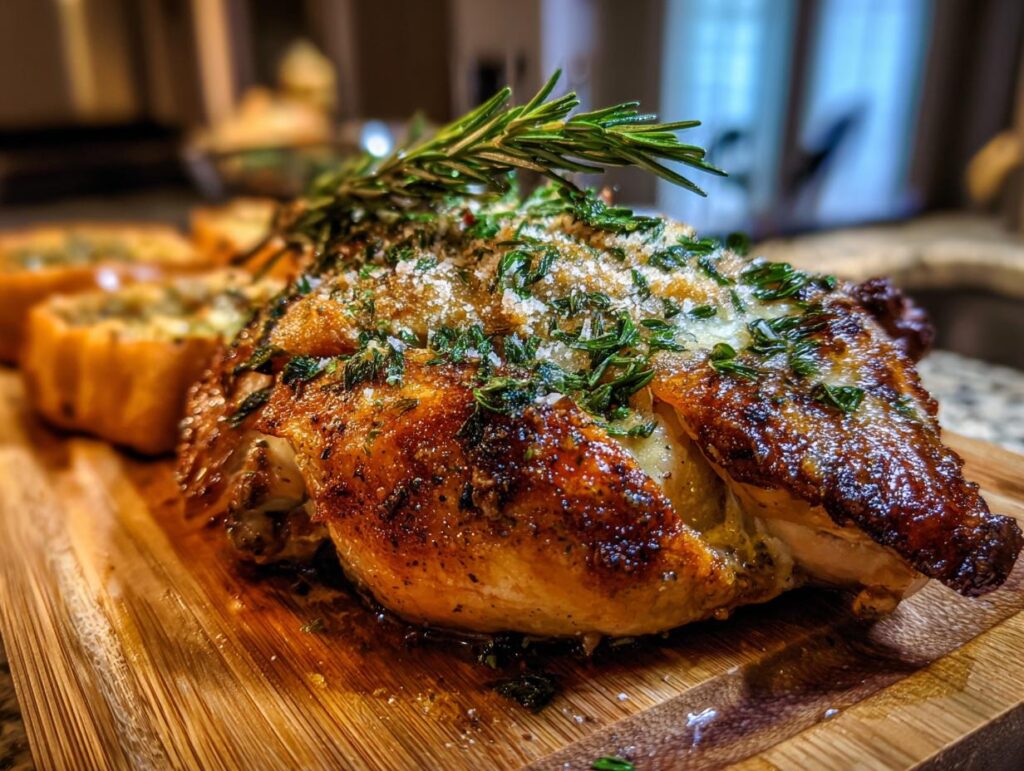 Golden brown Baked Caesar Chicken garnished with fresh herbs and parmesan cheese, served on a wooden board.