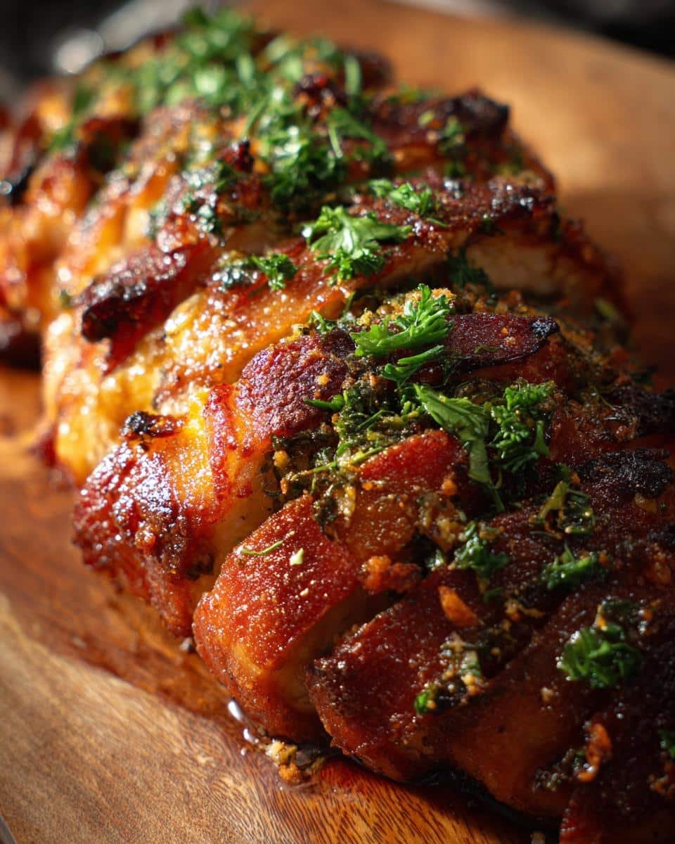 Delicious Baked Caesar Chicken in Just 30 Minutes 9 Close-up of sliced Baked Caesar Chicken topped with herbs on a wooden board. Ready to serve.