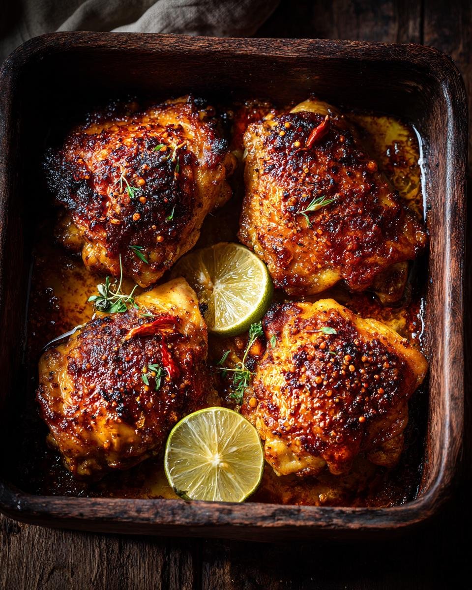 Foolproof Chicken Thigh Recipes: Irresistibly Simple 8 Four baked chicken thigh recipes in a wooden dish, garnished with lime, herbs, and chili flakes.