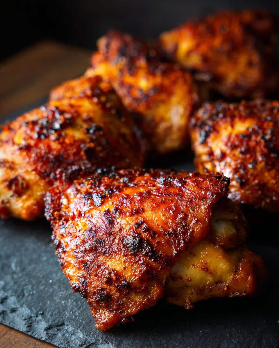 Foolproof Chicken Thigh Recipes: Irresistibly Simple 6 Close-up of baked chicken thigh recipes with crispy skin, arranged on a black slate surface.
