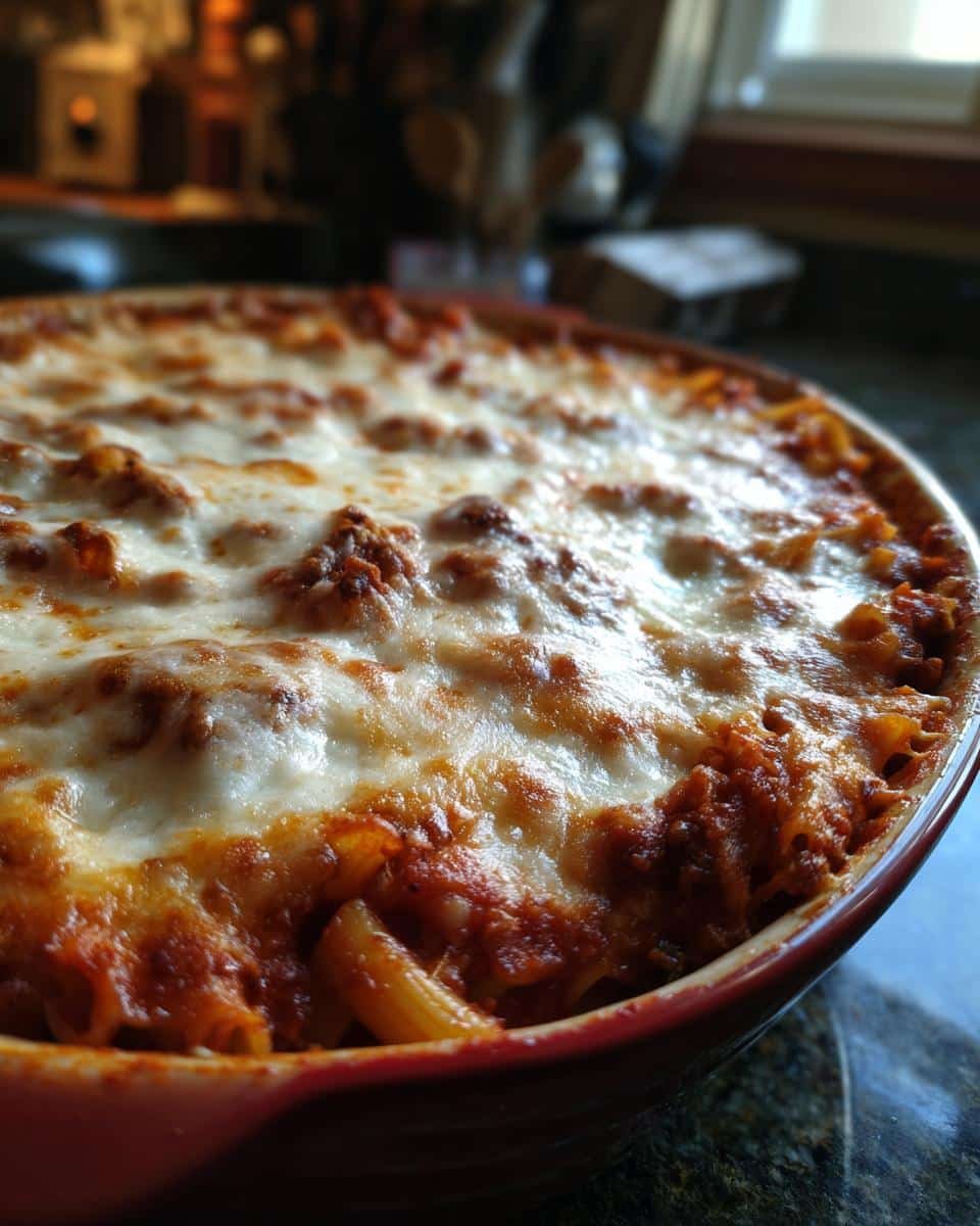 Disgustingly Delicious Baked Mostaccioli in Under 1 Hour 8 Close-up of baked mostaccioli in a red dish, topped with melted cheese and a rich tomato sauce.