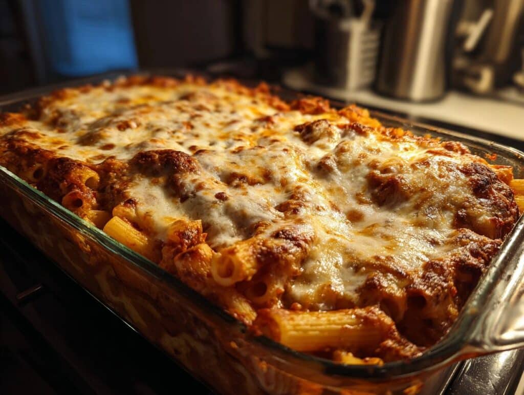 A glass baking pan full of baked mostaccioli, topped with melted cheese, fresh out of the oven.
