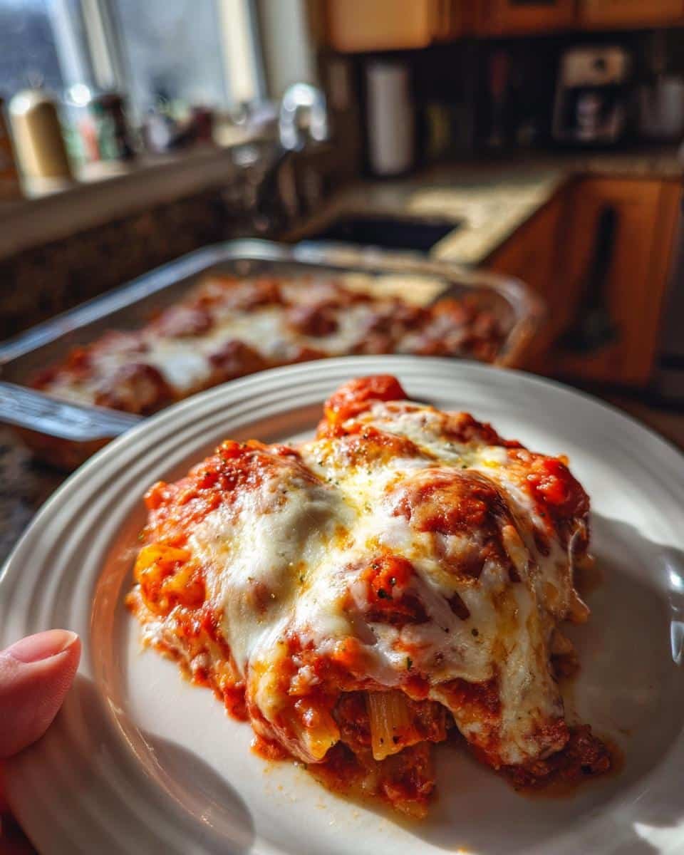 Disgustingly Delicious Baked Mostaccioli in Under 1 Hour 9 A single serving of baked mostaccioli with melted cheese and tomato sauce on a white plate.