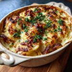 Close-up of baked potato soup in a casserole dish, topped with melted cheese and fresh herbs.