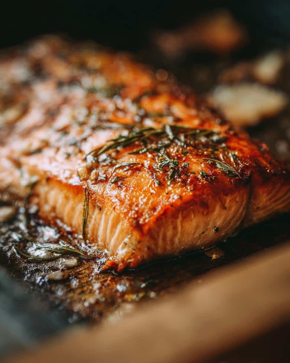 Foolproof Baked Salmon Recipe in Just 15 Minutes 8 Close-up of a delicious Baked Salmon fillet, seasoned with herbs and cooked to perfection.