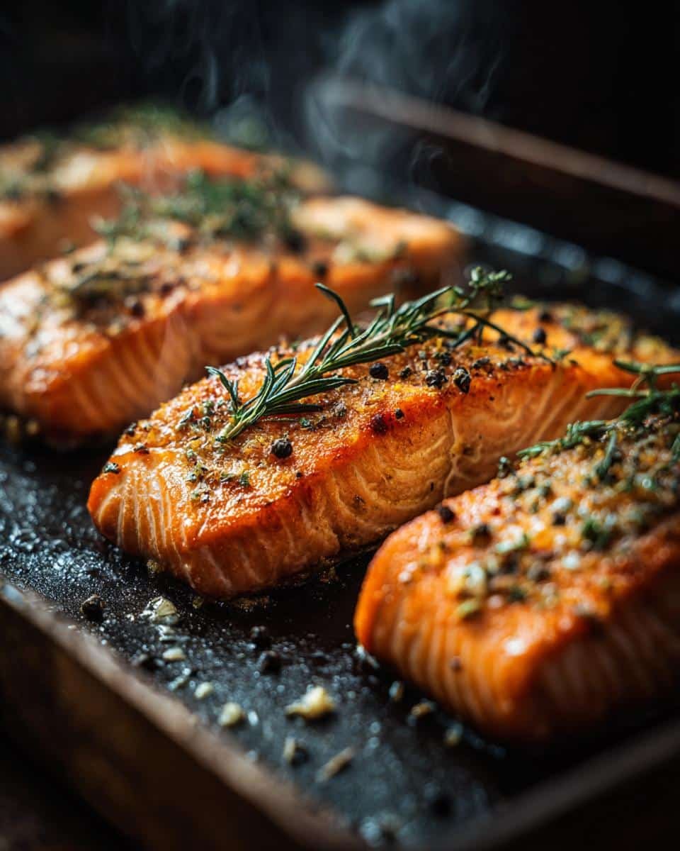 Foolproof Baked Salmon Recipe in Just 15 Minutes 6 Close-up of Baked Salmon fillets seasoned with herbs and spices, ready to serve.