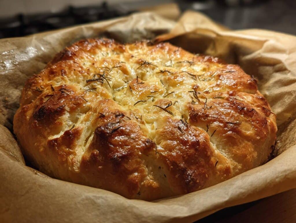 Close-up of a golden-brown baked focaccia, potentially for a Baked Salmon dish, with herbs on top.
