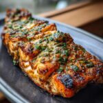 Close-up of flavorful Baked Salmon with a vibrant herb garnish on a dark plate.