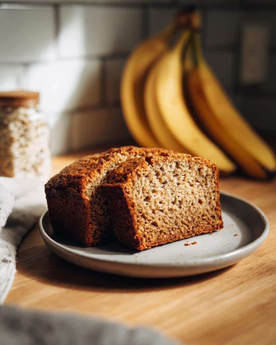 Unbelievably Moist Banana Bread with Just 3 Bananas 7 Two slices of moist banana bread on a plate, with bananas in the background.