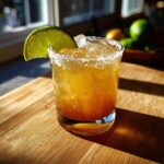 A glass of the best margarita recipe, garnished with a lime wedge and salt rim, sits on a wooden surface.