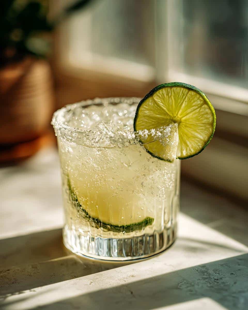 Best Margarita Recipe: 5 Minute Unforgivable Sin 6 A glass of best margarita recipe with a salted rim and lime garnish, sitting in sunlight.