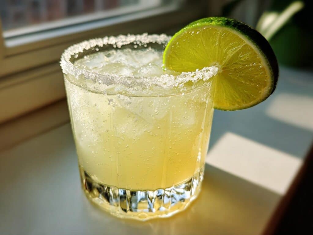A refreshing best margarita recipe in a salt-rimmed glass, garnished with a lime wedge.
