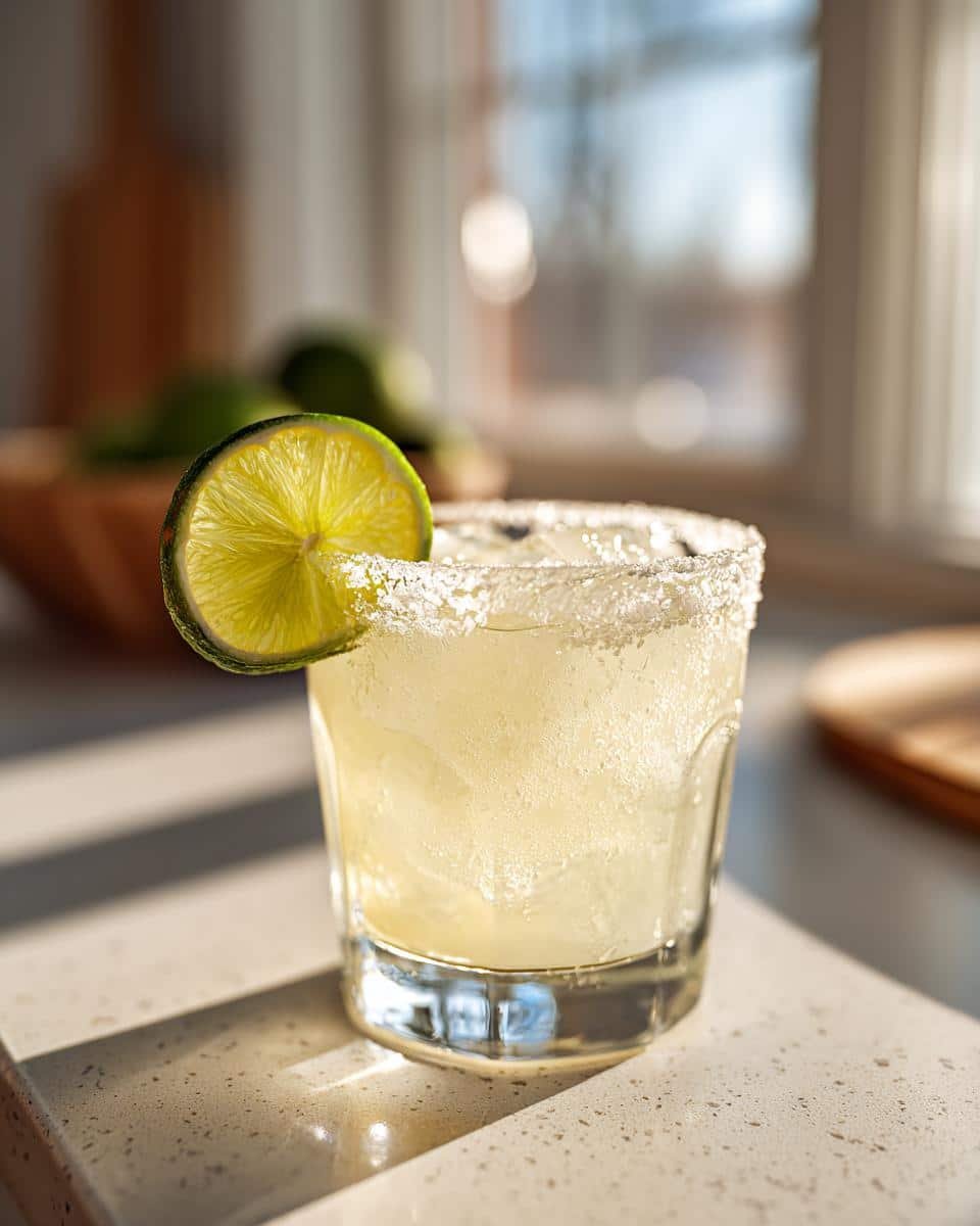 Best Margarita Recipe: 5 Minute Unforgivable Sin 7 A glass of best margarita recipe with a salted rim and lime wedge, sitting on a countertop.