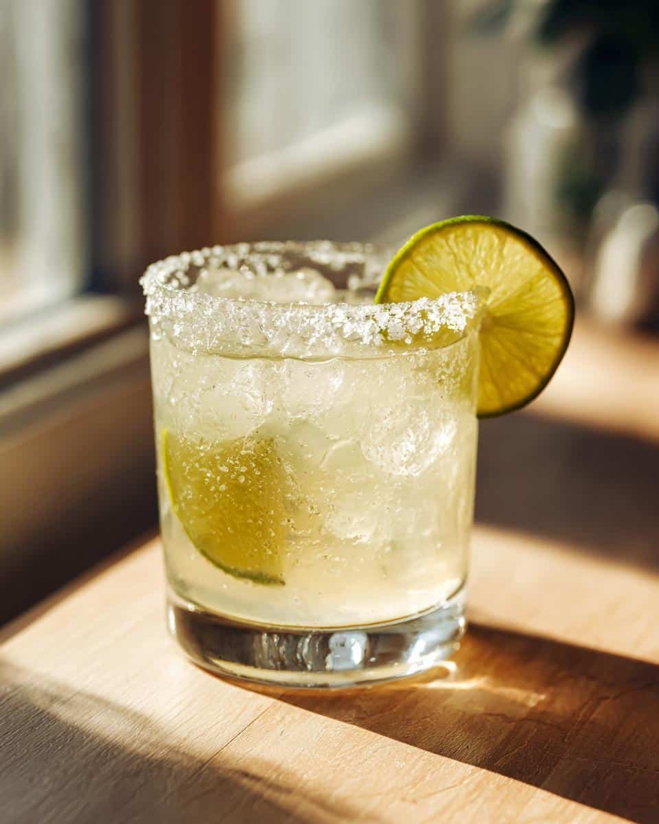 Best Margarita Recipe: 5 Minute Unforgivable Sin 8 A glass of the best margarita recipe, rimmed with salt and garnished with lime, sits on a wooden surface.