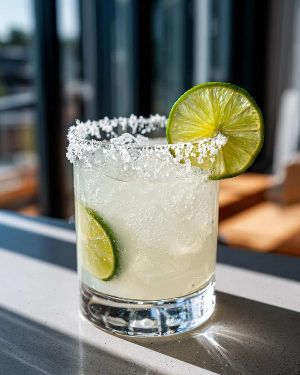 Best Margarita Recipe: 5 Minute Unforgivable Sin 9 A glass of the best margarita recipe, garnished with a salted rim and lime wedges.