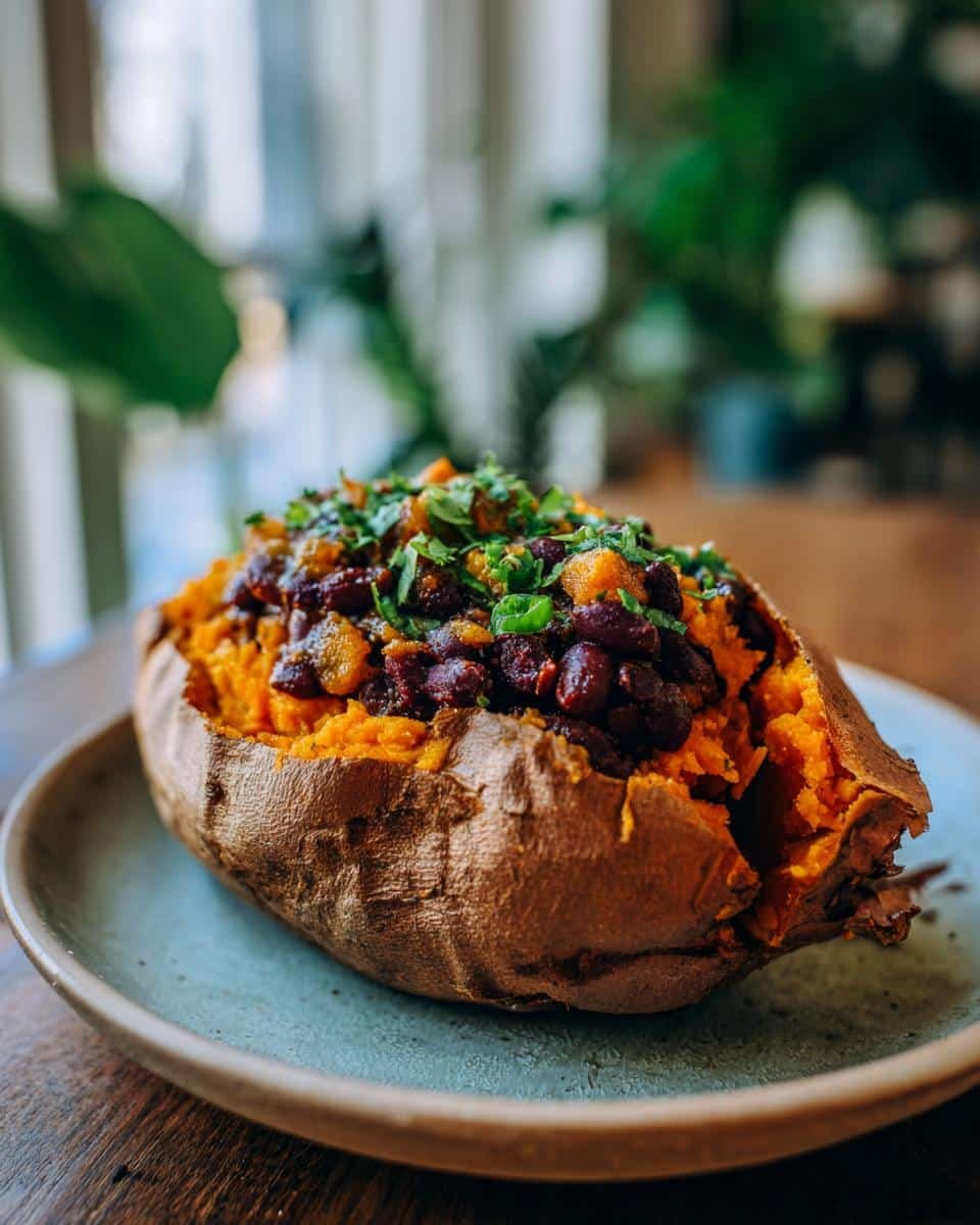 Irresistible Black Bean Stuffed Sweet Potatoes Recipe 7 A delicious Black Bean Stuffed Sweet Potato on a plate, topped with fresh herbs.