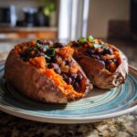 Two Black Bean Stuffed Sweet Potatoes on a plate, garnished with fresh herbs.