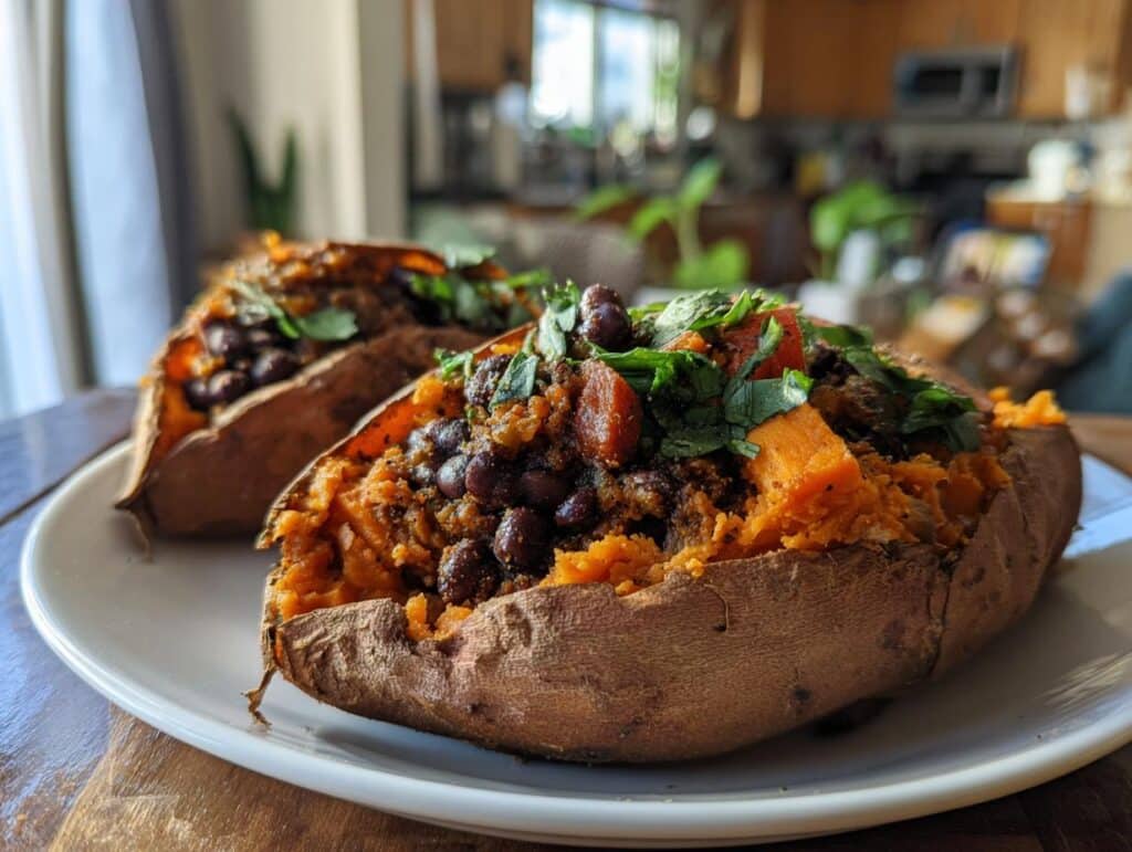 Two Black Bean Stuffed Sweet Potatoes on a white plate, garnished with fresh herbs.