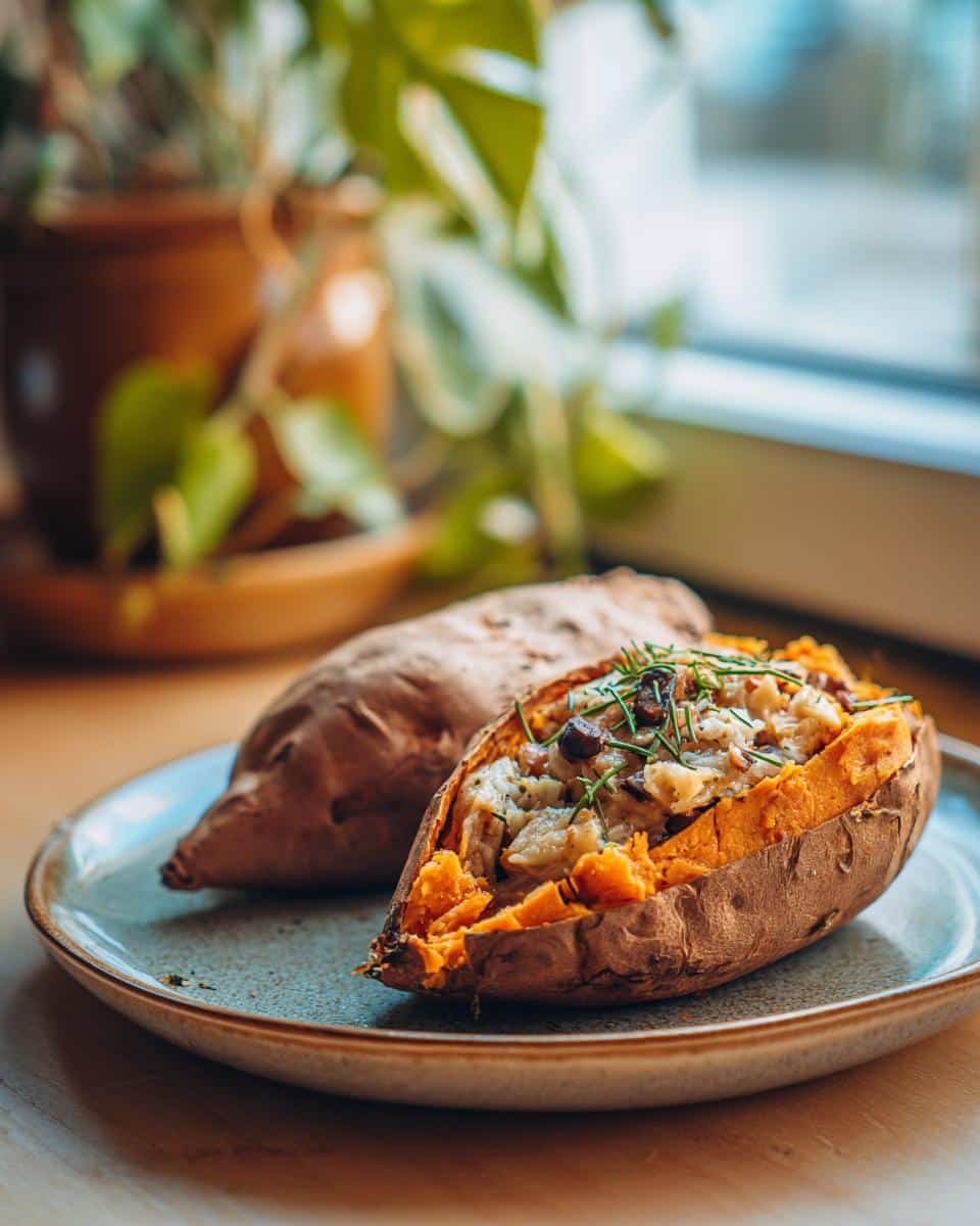 Irresistible Black Bean Stuffed Sweet Potatoes Recipe 6 A plate with Black Bean Stuffed Sweet Potatoes, one whole and one halved to show the filling.