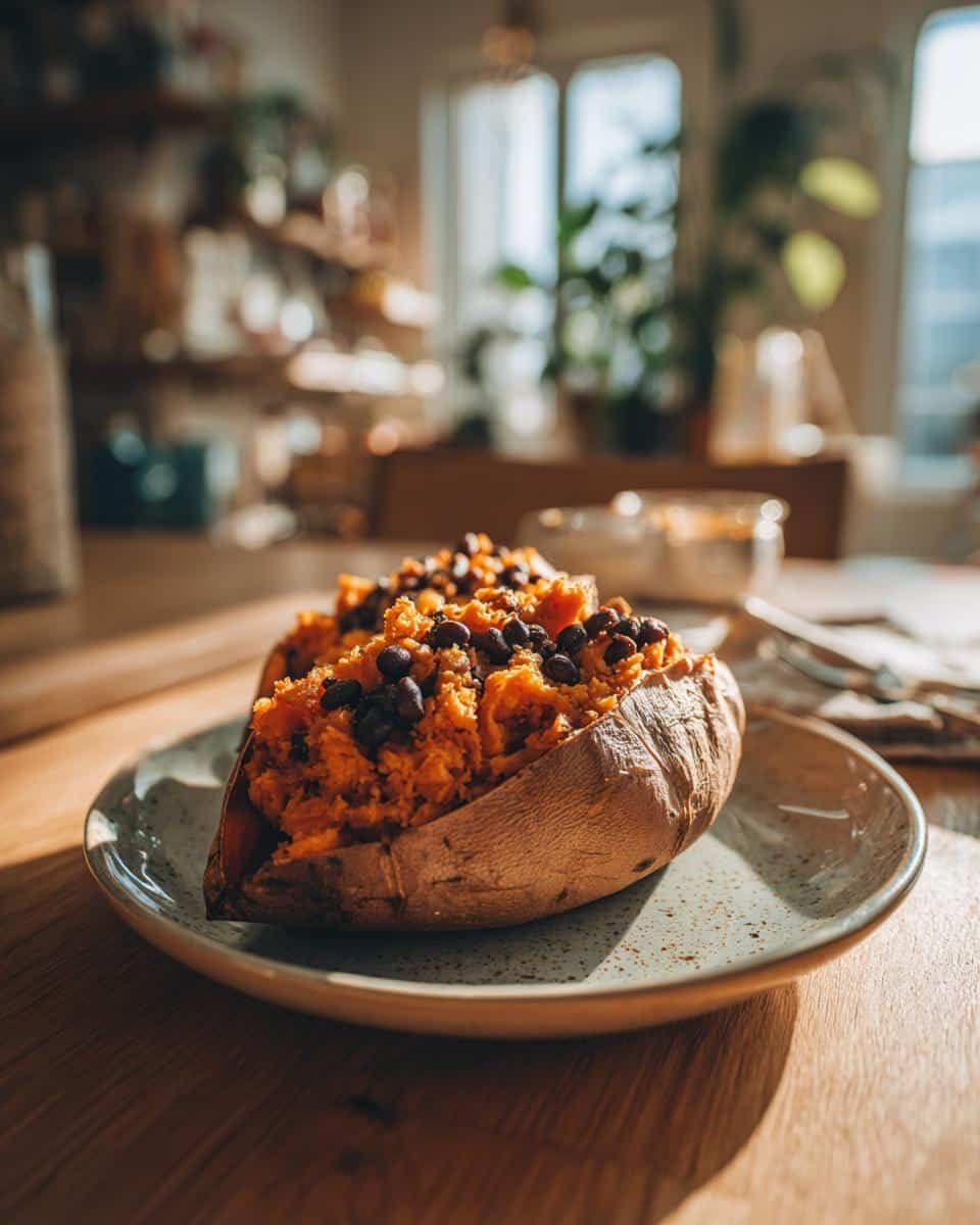 Irresistible Black Bean Stuffed Sweet Potatoes Recipe 8 A delicious Black Bean Stuffed Sweet Potatoes recipe served on a plate, ready to enjoy.