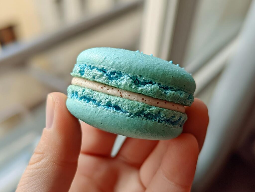 Close-up of a blue Macarons held between two fingers, showing the filling and textured shell.