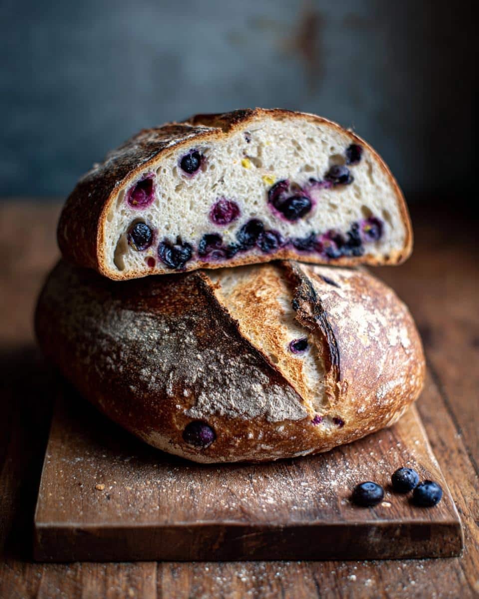 Blueberry Lemon Sourdough Bread: 5 Amazing Steps 7 A loaf of blueberry lemon sourdough bread, with a slice on top, showcasing the blueberries inside.