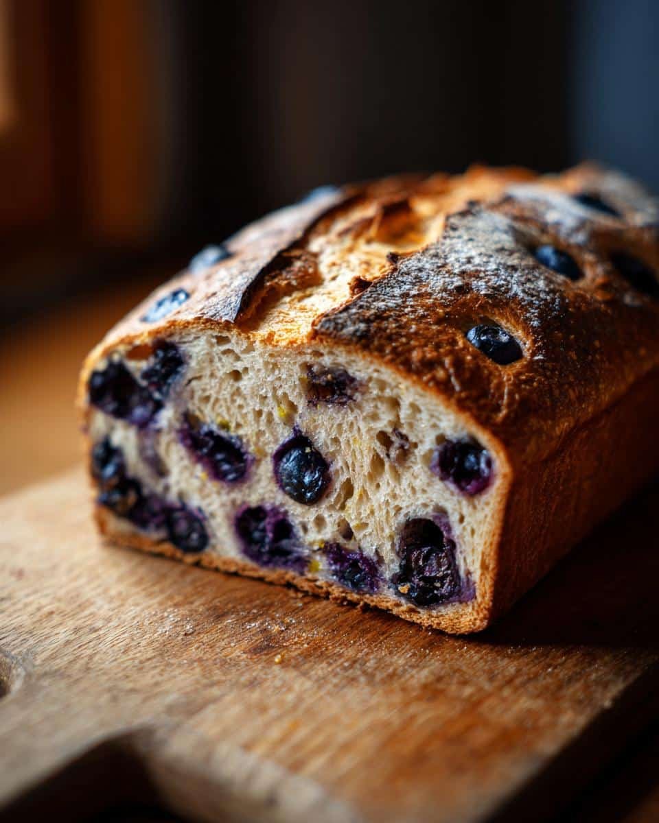 Blueberry Lemon Sourdough Bread: 5 Amazing Steps 8 Close-up of a sliced loaf of Blueberry Lemon Sourdough Bread showing blueberries throughout the crumb.