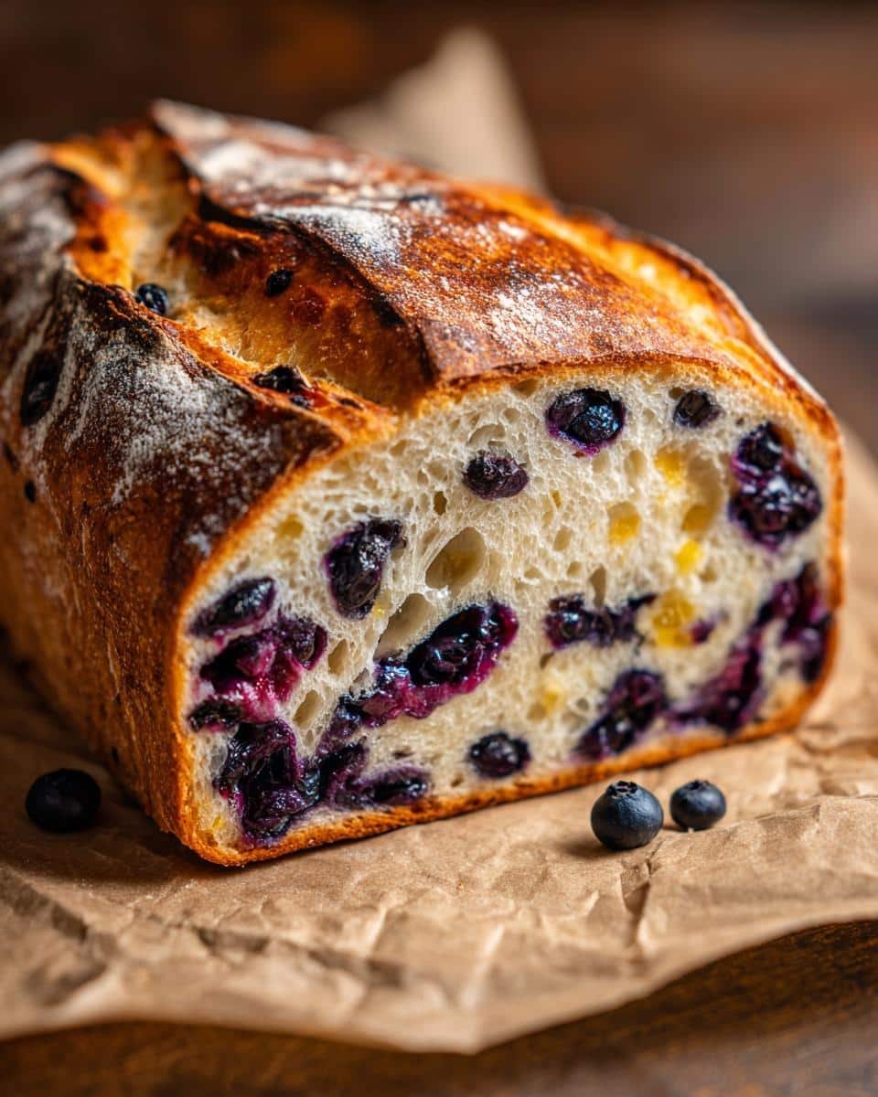 Blueberry Lemon Sourdough Bread: 5 Amazing Steps 6 Close-up of a loaf of blueberry lemon sourdough bread with visible blueberries and a golden crust.