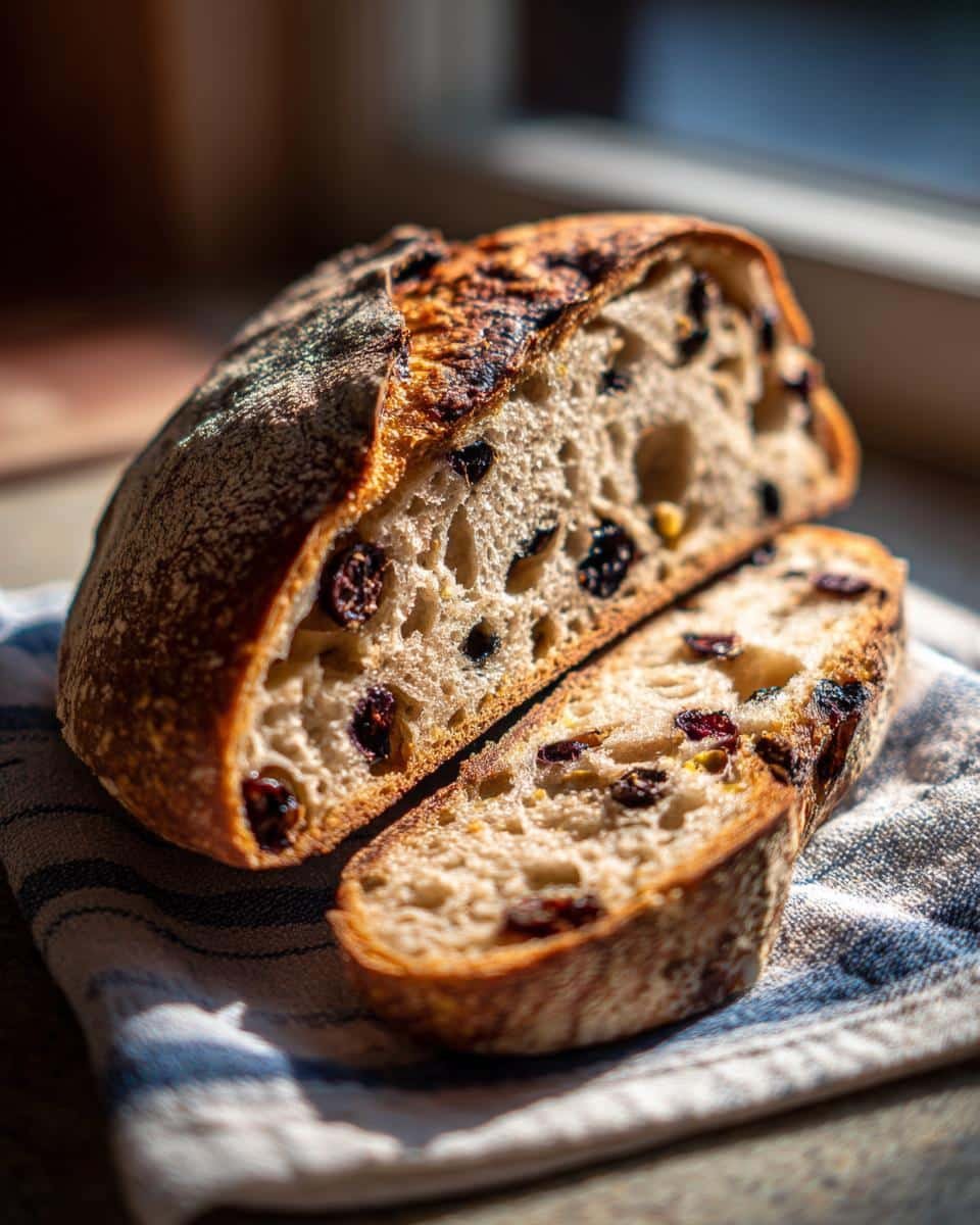 Blueberry Lemon Sourdough Bread: 5 Amazing Steps 9 A loaf of blueberry lemon sourdough bread, sliced to show the texture and blueberry distribution.