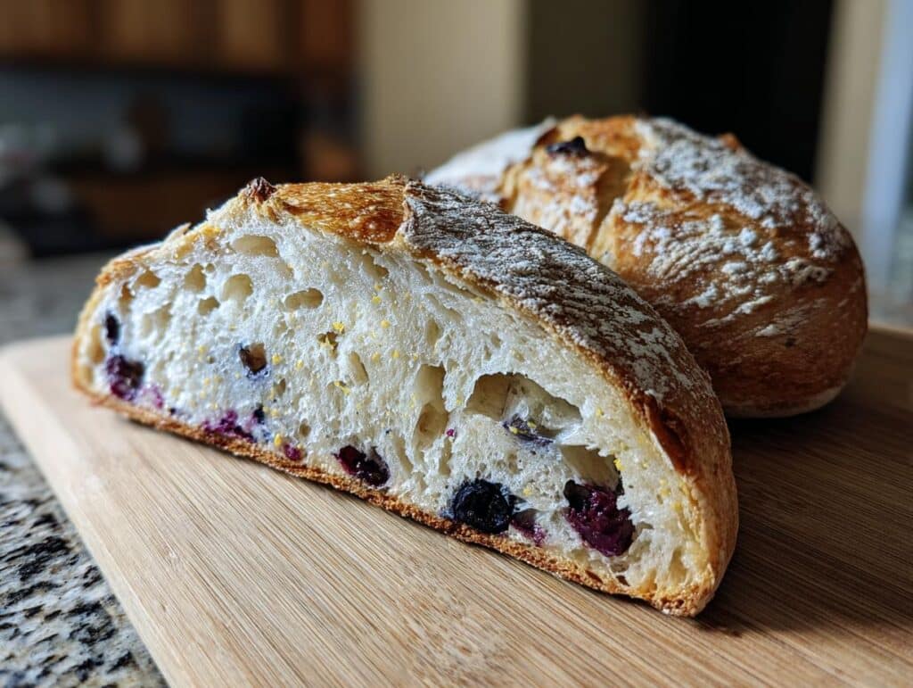 A slice of Blueberry Lemon Sourdough Bread on a wooden board, showing blueberries and lemon zest.