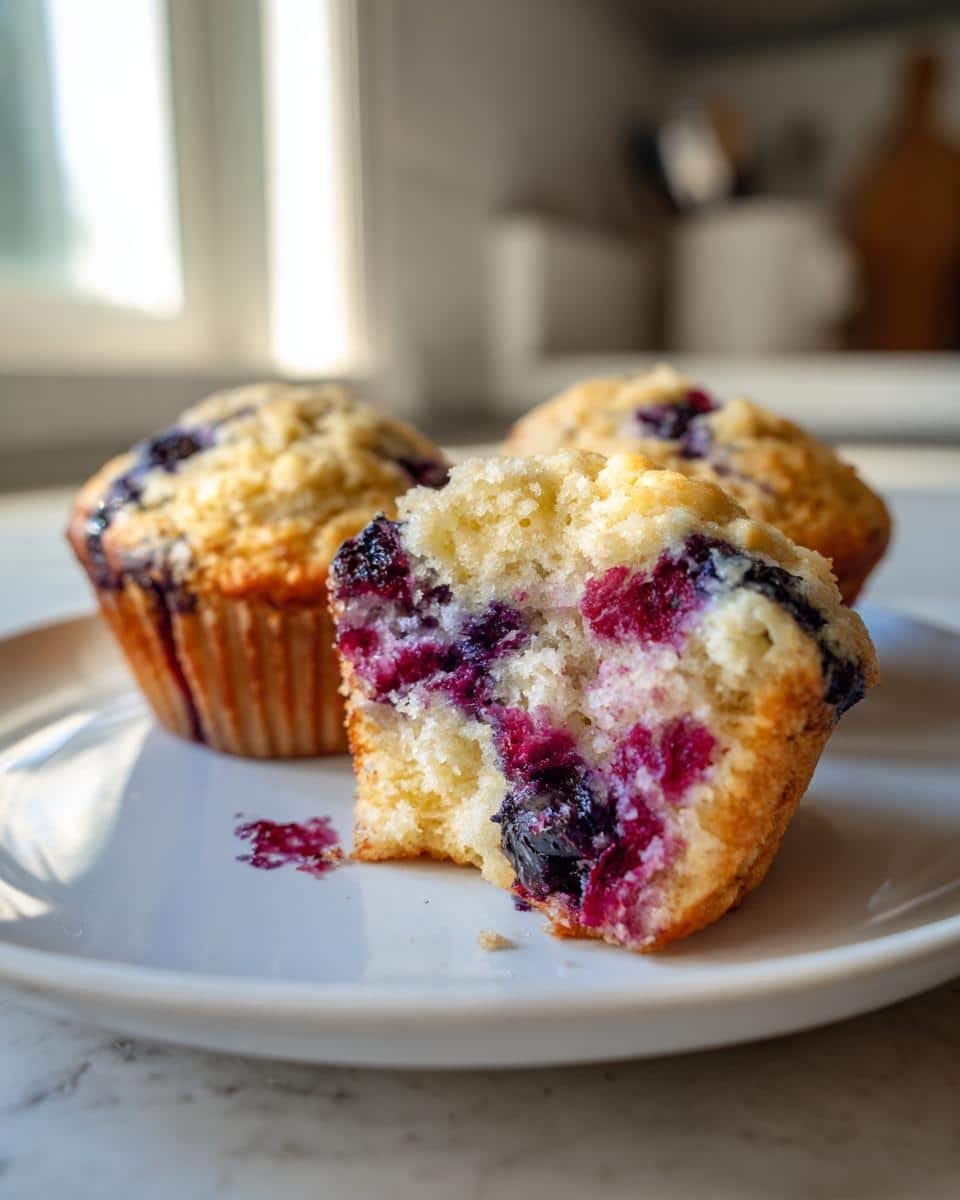 Bake Amazing Blueberry Protein Muffins in Just 40 Minutes 6 Three blueberry protein muffins with greek yogurt on a white plate, one muffin is cut in half.