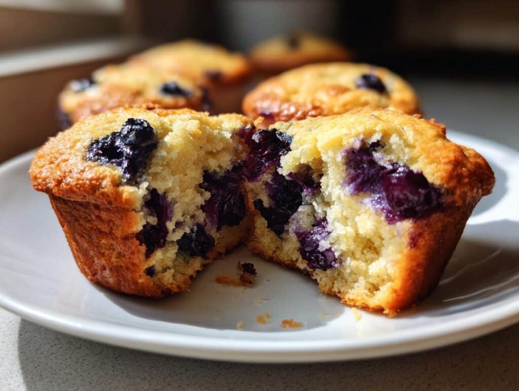 A halved blueberry protein muffin with greek yogurt filling on a plate. Other muffins are in the background.
