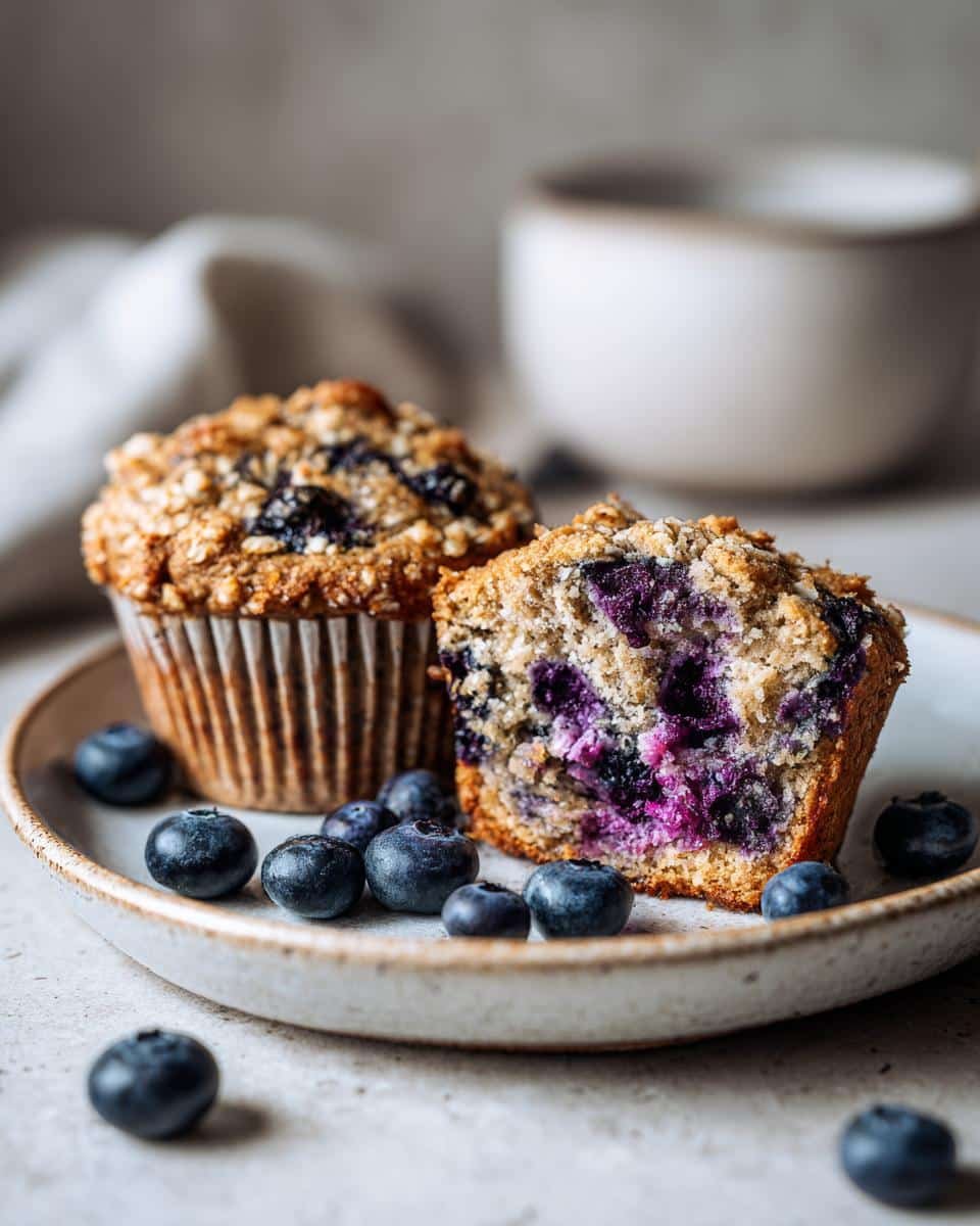 Bake Amazing Blueberry Protein Muffins in Just 40 Minutes 7 Two blueberry protein muffins with greek yogurt, one cut in half to show the inside, surrounded by fresh blueberries.