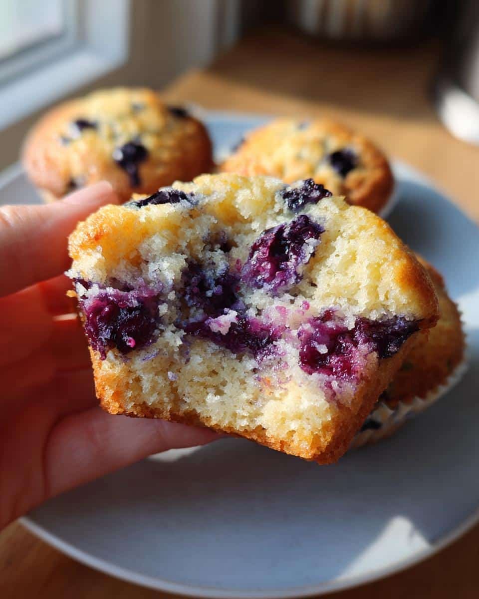 Bake Amazing Blueberry Protein Muffins in Just 40 Minutes 8 A hand holds a halved blueberry protein muffin with greek yogurt, showcasing the moist interior and juicy blueberries.